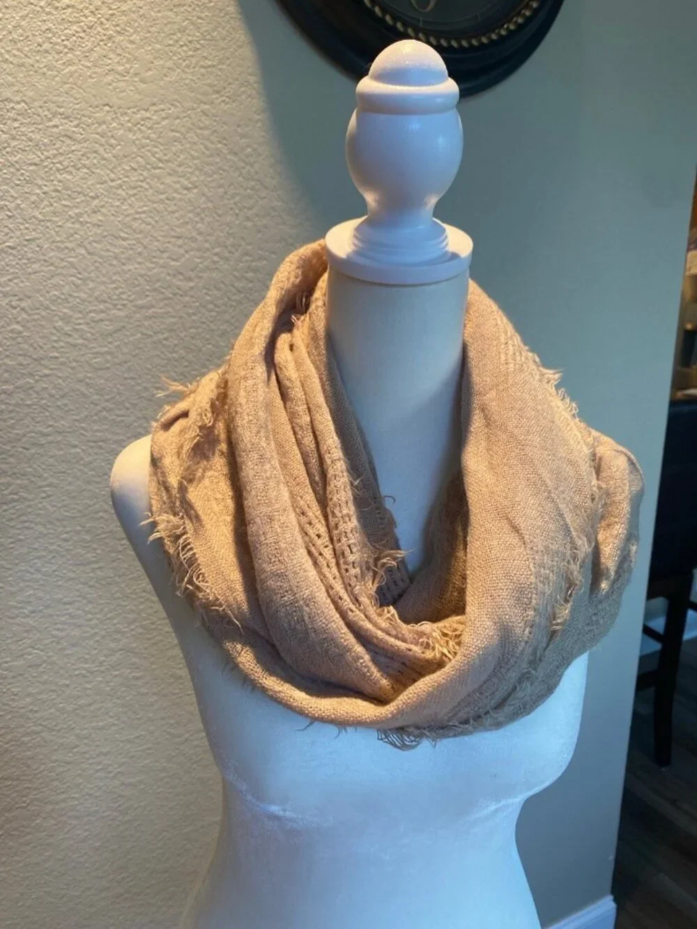 Light Brown Tan Crinkled Infinity Scarf Frayed Edge 100% Acrylic Soft Boho